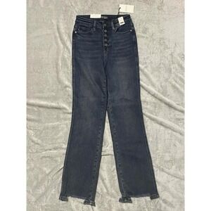 Judy Blue Gemini High Waist Button Fly Straight Jeans Dark Wash Raw Hem 1/25 NWT